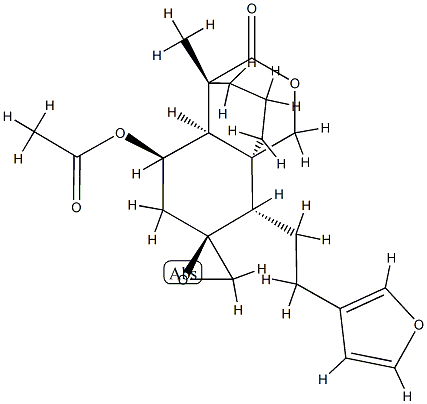 (2S,4'S)-5'α-Acetoxy-8'β-[2-(3-furyl)ethyl]-4',4'aβ,5',6'-tetrahydro-4'-methylspiro[oxirane-2,7'(8'H)-[3H-4β,8aβ]propano[1H-2]benzopyran]-3'-one Struktur