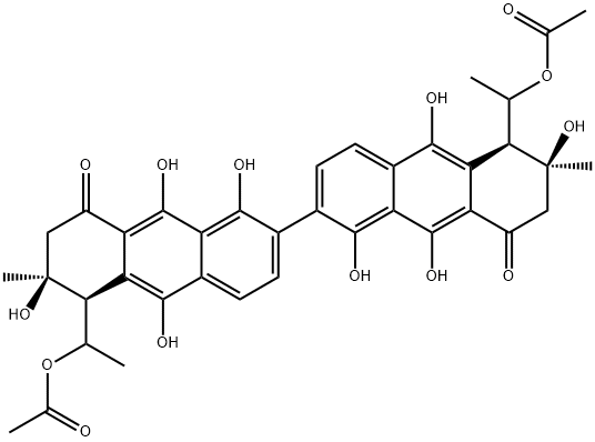 (4S,4'S)-4α,4'α-Bis[(R)-1-acetoxyethyl]-3α,3'α,8,8',9,9',10,10'-octahydroxy-3,3'-dimethyl-7,7'-bi[3,4-dihydroanthracen-1(2H)-one] Struktur