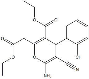 ethyl 6-amino-4-(2-chlorophenyl)-5-cyano-2-(2-ethoxy-2-oxoethyl)-4H-pyran-3-carboxylate Struktur