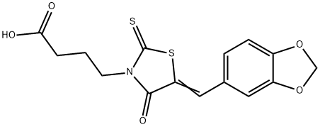 4-[(5Z)-5-(2H-1,3-benzodioxol-5-ylmethylidene)-4-oxo-2-sulfanylidene-1,3-thiazolidin-3-yl]butanoic acid Struktur