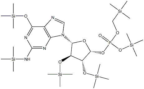 6-Deamino-2-[(trimethylsilyl)amino]-6-[(trimethylsilyl)oxy]-2'-O,3'-O-bis(trimethylsilyl)adenosine 5'-[phosphoric acid bis(trimethylsilyl)] ester Struktur