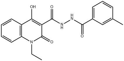 1-ethyl-4-hydroxy-N'-(3-methylbenzoyl)-2-oxo-1,2-dihydroquinoline-3-carbohydrazide Struktur