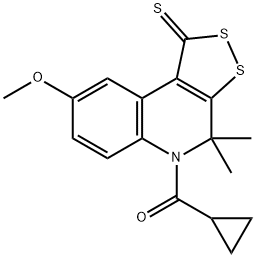 5-(cyclopropylcarbonyl)-8-methoxy-4,4-dimethyl-4,5-dihydro-1H-[1,2]dithiolo[3,4-c]quinoline-1-thione Struktur