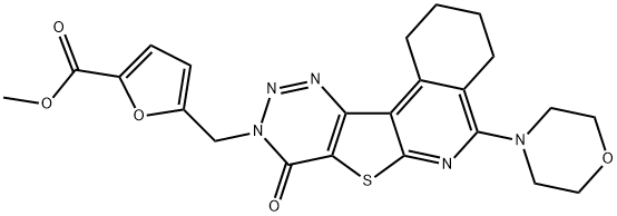 methyl 5-[(5-(4-morpholinyl)-8-oxo-1,3,4,8-tetrahydro[1,2,3]triazino[4',5':4,5]thieno[2,3-c]isoquinolin-9(2H)-yl)methyl]-2-furoate Struktur