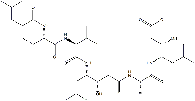 (3S,4S)-4-[[[(3S,4S)-4-[[N-(4-Methyl-1-oxopentyl)-L-Val-L-Val-]amino]-3-hydroxy-6-methylheptanoyl]-L-Ala-]amino]-3-hydroxy-6-methylheptanoic acid Struktur