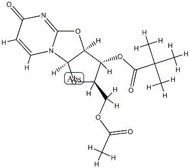 2,2-Dimethylpropionic acid (2R)-2α-(acetoxymethyl)-2,3,3aβ,9aβ-tetrahydro-6-oxo-6H-furo[2',3':4,5]oxazolo[3,2-a]pyrimidin-3β-yl ester Struktur