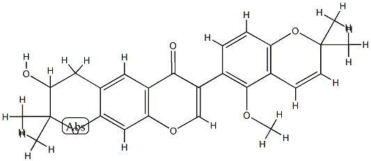 (-)-3,4-Dihydro-3-hydroxy-7-(5-methoxy-2,2-dimethyl-2H-1-benzopyran-6-yl)-2,2-dimethyl-2H,6H-benzo[1,2-b:5,4-b']dipyran-6-one Struktur