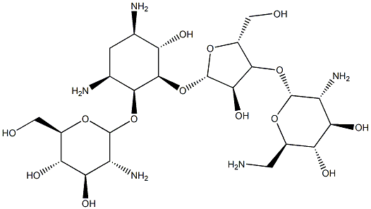 4-O-(2-Amino-2-deoxy-α-D-glucopyranosyl)-5-O-[3-O-(2,6-diamino-2,6-dideoxy-α-D-glucopyranosyl)-β-D-ribofuranosyl]-2-deoxy-D-streptamine Struktur