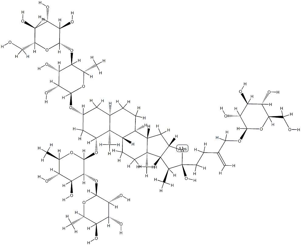 [3β-[(4-O-β-D-Glucopyranosyl-6-deoxy-α-L-mannopyranosyl)oxy]-26-(β-D-glucopyranosyloxy)-22α-hydroxy-5β-furost-25(27)-en-1β-yl]2-O-(6-deoxy-α-L-mannopyranosyl)-β-D-glucopyranoside Struktur