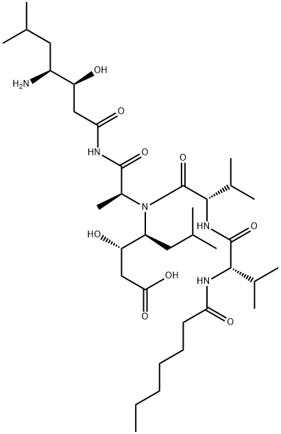 (3S,4S)-4-[[[(3S,4S)-4-[[N-(1-Oxoheptyl)-L-Val-L-Val-]amino]-3-hydroxy-6-methylheptanoyl]-L-Ala-]amino]-3-hydroxy-6-methylheptanoic acid Struktur