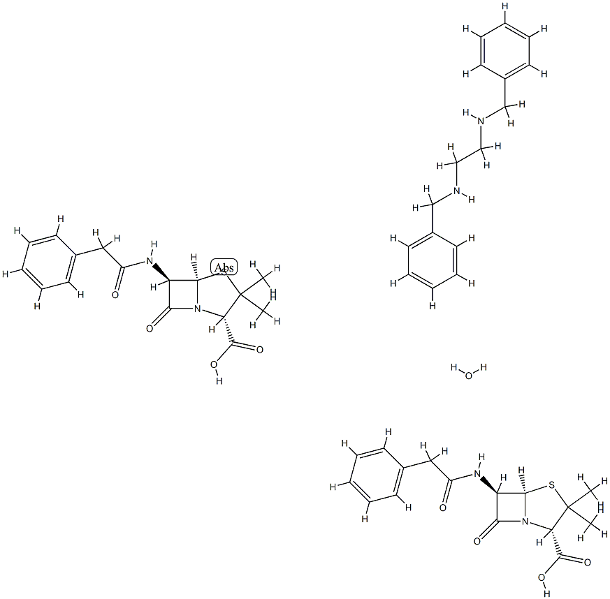 4-Thia-1-azabicyclo3.2.0heptane-2-carboxylic acid, 3,3-dimethyl-7-oxo-6-(phenylacetyl)amino- (2S,5R,6R)-, compd. with N,N-bis(phenylmethyl)-1,2-ethanediamine (2:1), monohydrate Struktur