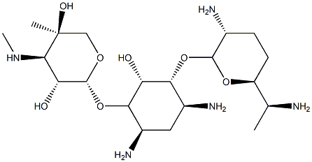 6-O-(3-Deoxy-4-methyl-3-methylamino-β-L-arabinopyranosyl)-4-O-(2,6-diamino-2,3,4,6,7-pentadeoxy-β-L-lyxo-heptopyranosyl)-2-deoxy-D-streptamine Struktur