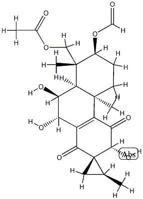 (2S,2'S)-7α-(Formyloxy)-8β-(acetoxymethyl)-3,4,4b,5,6,7,8,8aβ,9,10-decahydro-3β,9α,10β-trihydroxy-2',4bβ,8-trimethylspiro[phenanthrene-2(1H),1'-cyclopropane]-1,4-dione Struktur