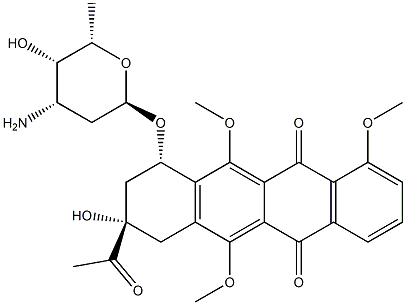 5,12-Naphthacenedione, 8-acetyl-10-((3-amino-2,3,6-trideoxy-alpha-L-ly xo-hexopyranosyl)oxy)-7,8,9,10-tetrahydro-8-hydroxy-1,6,11-trimethoxy- , (8S-cis)- Struktur