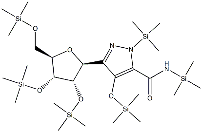 N,1-Bis(trimethylsilyl)-4-(trimethylsilyl)oxy-3-[2-O,3-O,5-O-tris(trimethylsilyl)-β-D-ribofuranosyl]-1H-pyrazole-5-carboxamide Struktur