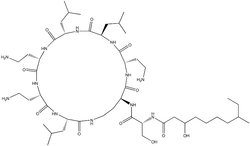 N2-[N-(3-Hydroxy-8-methyl-1-oxodecyl)-D-Ser-]cyclo[L-DAB*-L-DAB-D-Leu-L-Leu-L-DAB-L-DAB-L-Leu-] Struktur