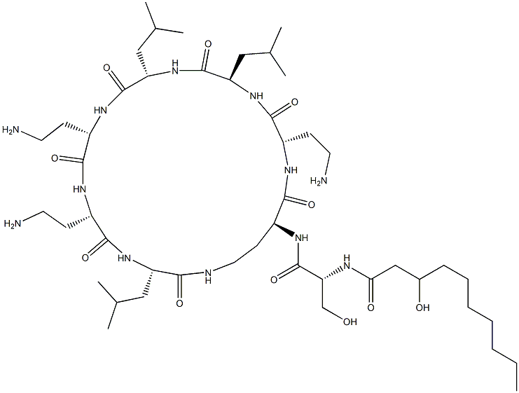 N2-[N-(3-Hydroxy-1-oxodecyl)-D-Ser-]cyclo[L-DAB*-L-DAB-D-Leu-L-Leu-L-DAB-L-DAB-L-Leu-] Struktur