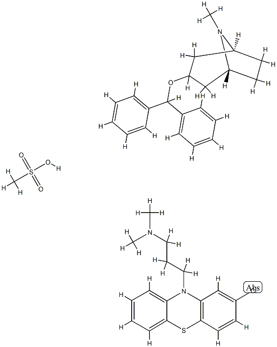 (1S,5R)-3-benzhydryloxy-8-methyl-8-azabicyclo[3.2.1]octane, 3-(2-chlor ophenothiazin-10-yl)-N,N-dimethyl-propan-1-amine, methanesulfonic acid Struktur