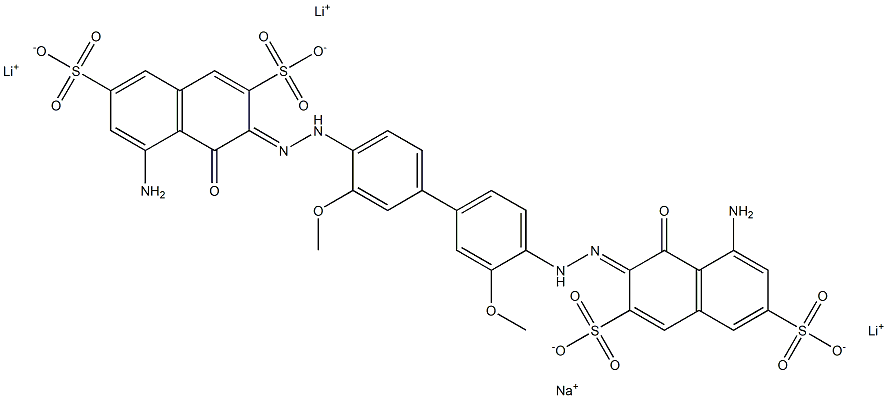 2,7-Naphthalenedisulfonic acid, 3,3'-[(3,3'-dimethoxy[1,1'- biphenyl]-4,4'-diyl)bis(azo)]bis[5-amino-4-hydroxy -, trilithium monosodium salt Struktur