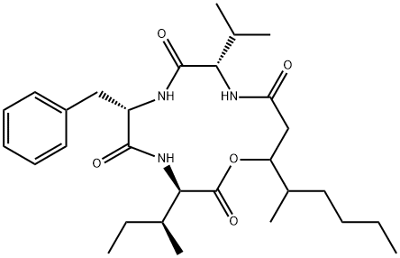 N-[N-[N-(3-Hydroxy-4-methyl-1-oxooctyl)-L-valyl]-L-phenylalanyl]-D-alloisoleucine λ-lactone Struktur