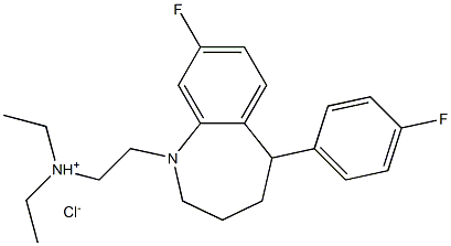 diethyl-[2-[10-fluoro-6-(4-fluorophenyl)-2-azabicyclo[5.4.0]undeca-8,1 0,12-trien-2-yl]ethyl]azanium chloride Struktur