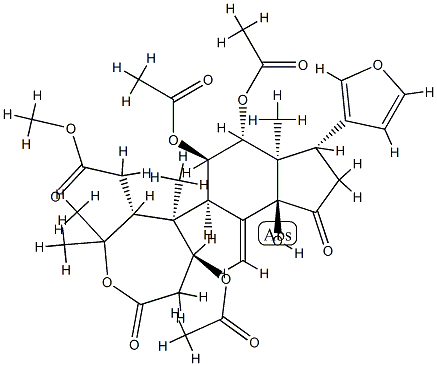 (13α,14S,17S)-1α,11β,12α-Triacetoxy-21,23-epoxy-14-hydroxy-4a,4a-dimethyl-3,15-dioxo-A-homo-24-nor-4-oxa-6,7-seco-5α-chola-7,20,22-triene-6-carboxylic acid methyl ester Struktur