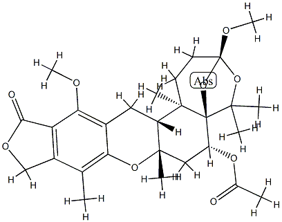 (3S)-6α-Acetyloxy-1,2,3,6,7,7a,10,14,14aβ,14b-decahydro-3,13-dimethoxy-5,5,7aβ,9,14bα-pentamethyl-12H-3β,5aβ-epoxy-5H-furo[3,4-i]oxepino[4,3-a]xanthen-12-one Struktur