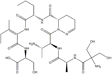 [2-[[[(6S)-1-[(3S)-N-(2-Hydroxymethyl Ser-L-Ala-)-3-amino-L-Abu-]-1,4,5,6-tetrahydropyridazine-6-yl]carbonyl-L-Nva-]amino]-3-methyl-2-pentenoyl]-L-Ser-OH Struktur