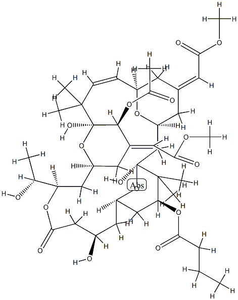 Butanoic acid, (1S,3S,5Z,7R,8E,11S,12S,13E,15S,17R,21R,23R,25S)-12-(acetyloxy)-1,11,21-trihydroxy-17-(1R)-1-hydroxyethyl-5,13-bis(2-methoxy-2-oxoethylidene)-10,10,26,26-tetramethyl-19-oxo-18,27,28,29-tetraoxatetracyclo21.3.1.13,7.111,15nonacos-8-en-25-yl  Struktur