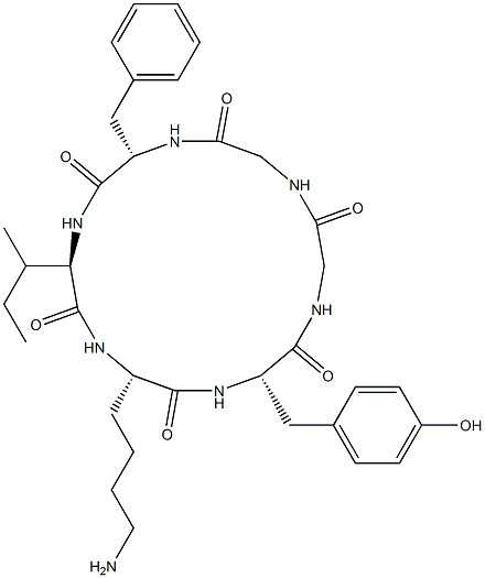 (3S,6S,9R,12S)-6-(4-aminobutyl)-12-benzyl-9-butan-2-yl-3-[(4-hydroxyph enyl)methyl]-1,4,7,10,13,16-hexazacyclooctadecane-2,5,8,11,14,17-hexon e Struktur