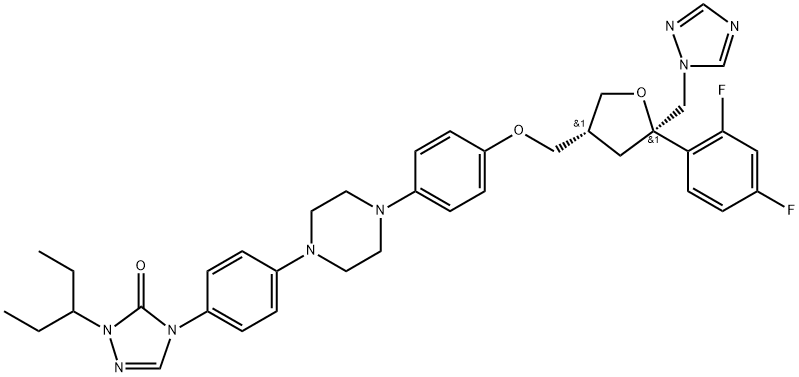 D-threo-Pentitol, 2,5-anhydro-1,3,4-trideoxy-2-C-(2,4-difluorophenyl)-4-[[4-[4-[4-[1-(1-ethylpropyl)-1,5-dihydro-5-oxo-4H-1,2,4-triazol-4-yl]phenyl]-1-piperazinyl]phenoxy]Methyl]-1-(1H-1,2,4-triazol-1-yl)- Struktur