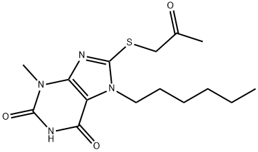 7-hexyl-3-methyl-8-[(2-oxopropyl)sulfanyl]-3,7-dihydro-1H-purine-2,6-dione Struktur