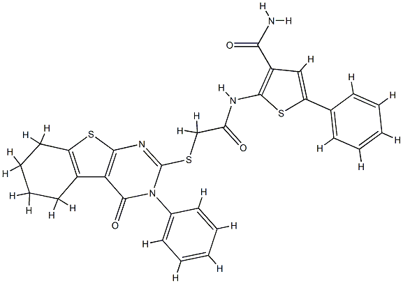 2-[[2-[(4-oxo-3-phenyl-5,6,7,8-tetrahydro-[1]benzothiolo[2,3-d]pyrimidin-2-yl)sulfanyl]acetyl]amino]-5-phenylthiophene-3-carboxamide Struktur