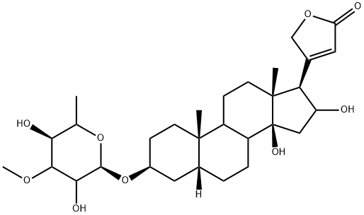 (3beta,5beta,16beta)-3-[(6-deoxy-3-O-methyl-D-galactopyranosyl)oxy]-14,16-dihydroxycard-20(22)-enolide Struktur