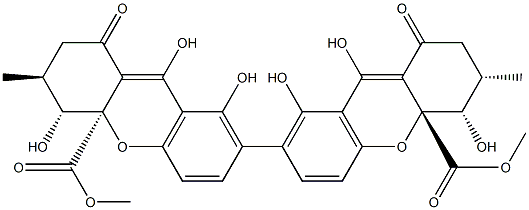 (3S,3'S,4S,4'R,4aR,4'aR)-2,2',3,3',4,4',9,9'-Octahydro-1,1',4,4',8,8'-hexahydroxy-3,3'-dimethyl-9,9'-dioxo-7,7'-bi(4aH-xanthene)-4a,4'a-dicarboxylic acid dimethyl ester Struktur