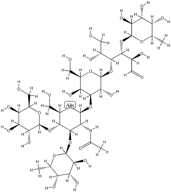 α-L-Fuc-(1→3)-[β-D-Gal-(1→4)]-β-D-GlcNAc-(1→3)-β-D-Gal-[1→4]-(α-L-Fuc-[1→3])-D-Glc Struktur