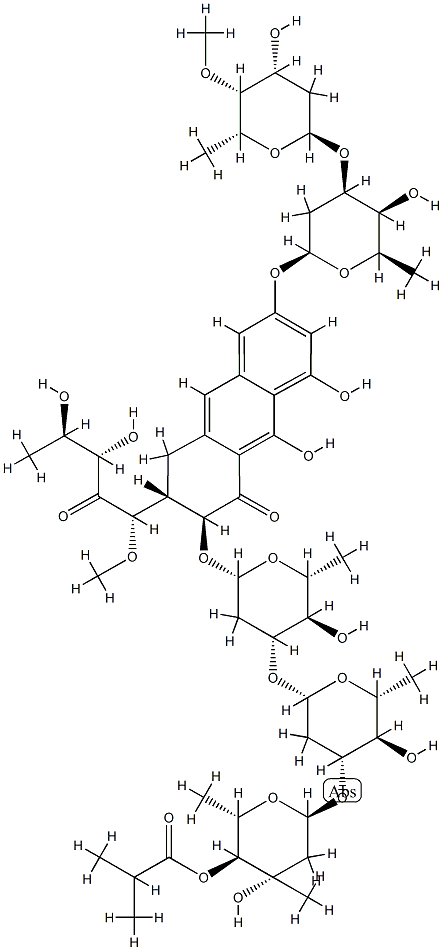 4''''-O-Deacetyl-3'''-O-[3-C-methyl-4-O-(2-methyl-1-oxopropyl)-2,6-dideoxy-α-L-arabino-hexopyranosyl]olivomycin D Struktur