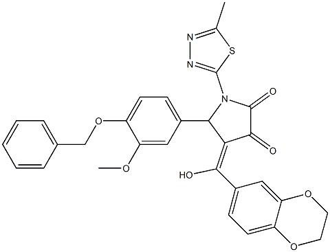 4-(7,10-dioxabicyclo[4.4.0]deca-2,4,11-trien-3-yl-hydroxy-methylidene)-5-(3-methoxy-4-phenylmethoxy-phenyl)-1-(5-methyl-1,3,4-thiadiazol-2-yl)pyrrolidine-2,3-dione Struktur