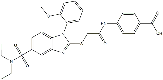 4-{2-[5-Diethylsulfamoyl-1-(2-methoxy-phenyl)-1H-benzoimidazol-2-ylsulfanyl]-acetylamino}-benzoic acid Struktur