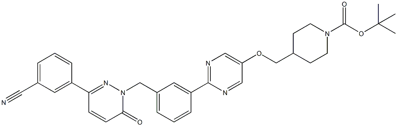 tert-butyl 4-(((2-(3-((3-(3-cyanophenyl)-6-oxopyridazin-1(6H)-yl)methyl)phenyl)pyrimidin-5-yl)oxy)methyl)piperidine-1-carboxylate Struktur