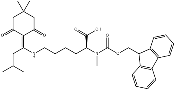 (2S)-6-{[1-(4,4-dimethyl-2,6-dioxocyclohexylidene)-3-methylbutyl]amino}-2-({[(9H-fluoren-9-yl)methoxy]carbonyl}(methyl)amino)hexanoic acid Struktur