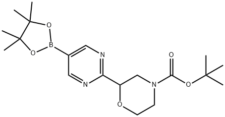 tert-butyl 2-(5-(4,4,5,5-tetramethyl-1,3,2-dioxaborolan-2-yl)pyrimidin-2-yl)morpholine-4-carboxylate Struktur