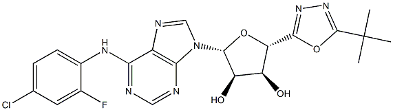 (2S,3S,4R,5R)-2-(5-tert-butyl-1,3,4-oxadiazol-2-yl)-5-{6-[(4-chloro-2-fluorophenyl)amino]-9H-purin-9-yl}oxolane-3,4-diol Struktur