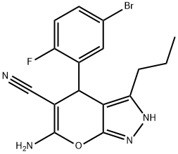 6-amino-4-(5-bromo-2-fluorophenyl)-3-propyl-2,4-dihydropyrano[2,3-c]pyrazole-5-carbonitrile Struktur