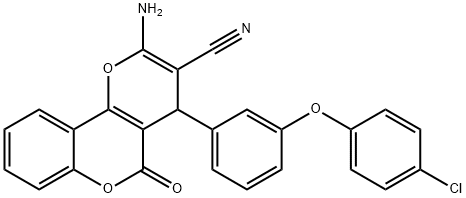 2-amino-4-[3-(4-chlorophenoxy)phenyl]-5-oxo-4H,5H-pyrano[3,2-c]chromene-3-carbonitrile Struktur