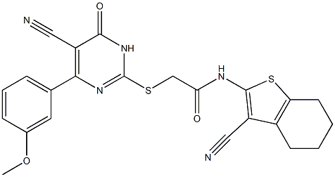 2-{[5-cyano-4-(3-methoxyphenyl)-6-oxo-1,6-dihydro-2-pyrimidinyl]sulfanyl}-N-(3-cyano-4,5,6,7-tetrahydro-1-benzothien-2-yl)acetamide Struktur