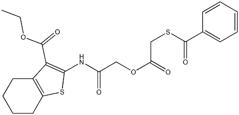 ethyl 2-[({[(benzoylsulfanyl)acetyl]oxy}acetyl)amino]-4,5,6,7-tetrahydro-1-benzothiophene-3-carboxylate Struktur