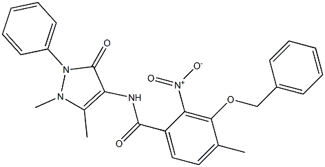 3-(benzyloxy)-N-(1,5-dimethyl-3-oxo-2-phenyl-2,3-dihydro-1H-pyrazol-4-yl)-2-nitro-4-methylbenzamide Struktur