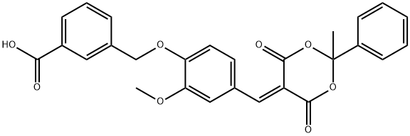 3-({2-methoxy-4-[(2-methyl-4,6-dioxo-2-phenyl-1,3-dioxan-5-ylidene)methyl]phenoxy}methyl)benzoic acid Struktur