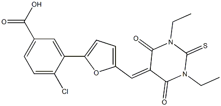 4-chloro-3-{5-[(1,3-diethyl-4,6-dioxo-2-thioxotetrahydro-5(2H)-pyrimidinylidene)methyl]-2-furyl}benzoic acid Struktur